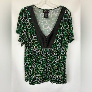 Hot Tempered V-Neck Geometric Print Cap Sleeve Button Accent Blouse Size 3X‎